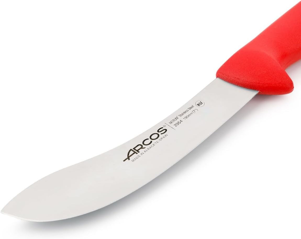 Arcos Skinning Knife 7 Inches Nitrum Stainless Steel and 190 mm blade. Designed for skinning all types of meat. Ergonomic Polypropylene Handle. Series 2900. Color Red Weight 226 gr