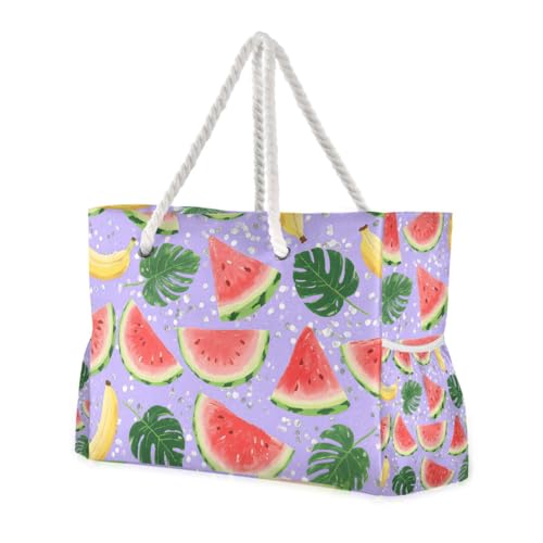 OTVEE Watermelon Slices and Tropical Leaves Beach Bags for Women Ladies Large Canvas Tote Shoulder Bag Waterproof Travel Bags for Gym Swim Pool Camping