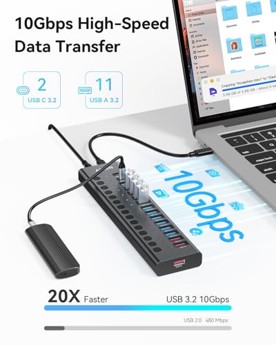 Image of AGEEN 16-Port Powered USB 3.2 Hub-10Gbps SuperSpeed Data Splitter with 2 USB-C & 11 USB-A Ports, 3 x 24W QC 3.0 Fast Charging Ports, Individual On /Off Switches, 96W Power Adapter for Laptop, PC