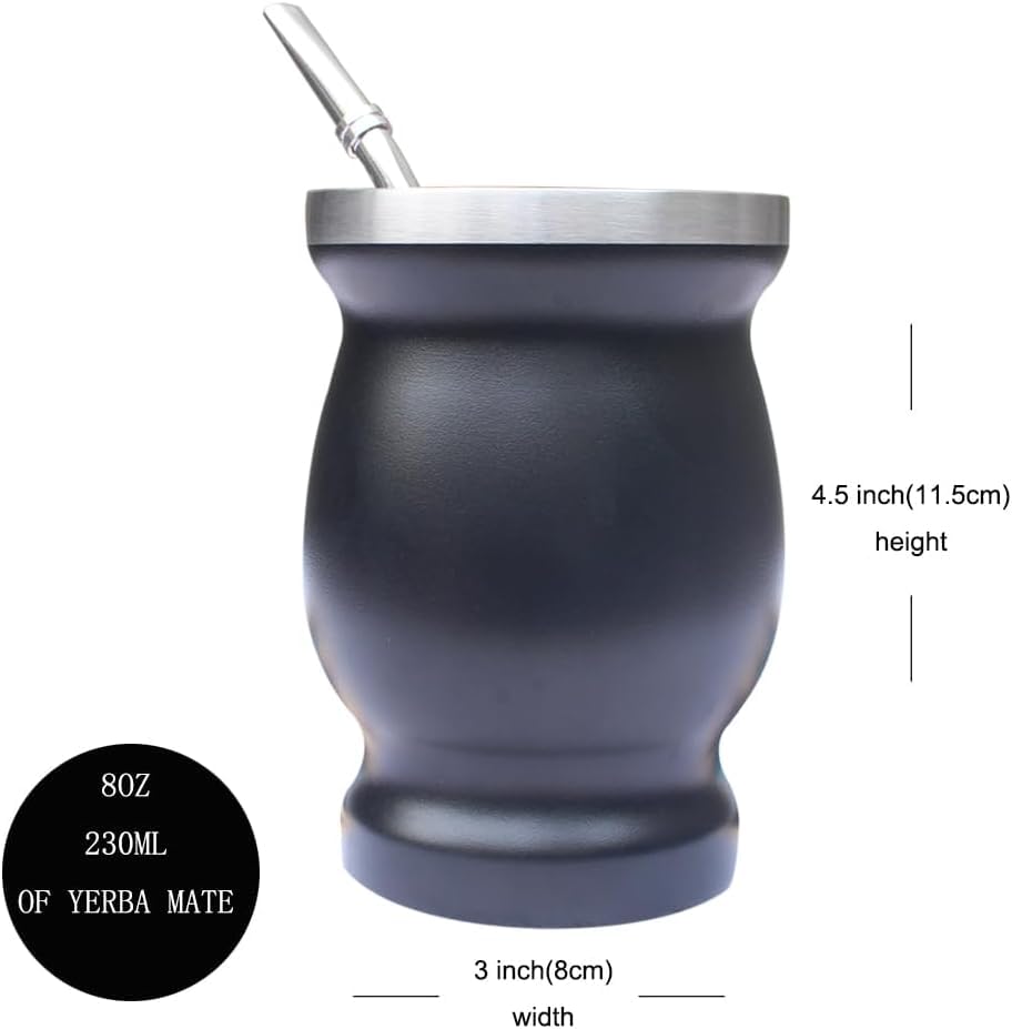 Image of Beruth 8oz Yerba Mate Cup Set, Double Wall 304 Stainless Steel Mate Gourd, Heat Insulated Mug & Anti-Scalding Design, Includes 2 Bombillas & Cleaning Brush (Black)
