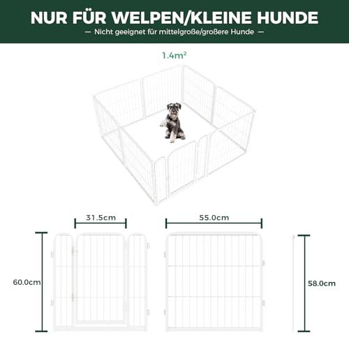 fxw Homeplus Hundelaufstall, Stabile 60cm 8 Drahtpaneele Welpengitter Hund für Welpen und Kleine Hunde, Weiß│Patentiert