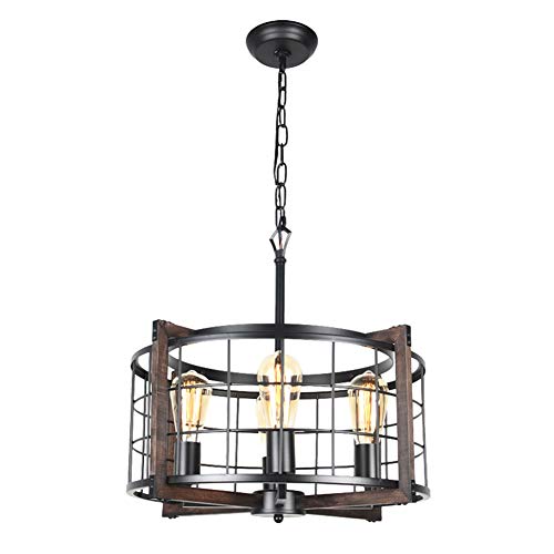 Bizinlumin Round Rustic Chandelier, Black Metal and Wood Farmhouse Drum Chandelier Lighting Industrial Cage Dining Room Foyer Pendant Light Fixture 4 Lights Edison E26 BY19002A
