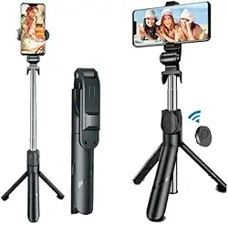 Bastão Pau de selfie Tripé Retrátil Com Controle Disparador Bluetooth Dobrável Extensível Para Celular, Smartphones Android/IOS (Preto)