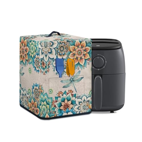 TODIYADDU Blue Dragonfly Air Fryer Cover with Top Handle Boho Mandala Pressure Cooker Cover Compatible with Most Kitchen Appliances Dustproof Air Fryer Cover Protector for Women Holiday Gifts
