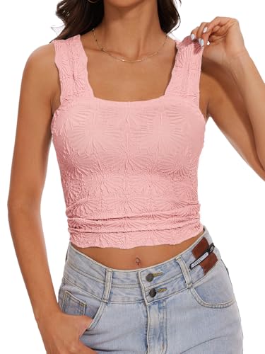 Women’s Square Neck Wide Strap Flower Cropped Tank Top Backless Lettuce Trim Slim Fit Love Letter Cami Vest