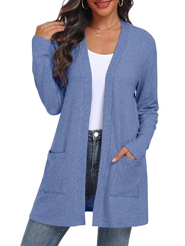 QIXING Damen Strickjacke Offen | Leichter Langarm Elegant Cardigan mit Taschen für Herbst & Winter | Bequem, atmungsaktiv und warm (Denim Blau, M)
