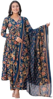 MEERA FAB Women's Cotton Blend V-Neck Anarkali Printed Kurta with Palazzo & Dupatta