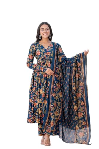 Image of MEERA FAB Women's Cotton Blend V-Neck Anarkali Printed Kurta with Palazzo & Dupatta
