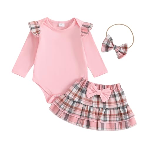 Image of Kuriozud Cute Newborn Baby Girl Fall Winter Outfit Long Sleeve Ruffle Romper Plaid Bow Skirt Set Headband 3 Piece Clothes