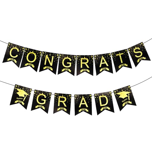 Graduation Decorations 2025, Black Gold Congrats Grad Bunting Banner for Home School Leavers High School/College/University Graduation Party Decoration Supplies A3HJBY