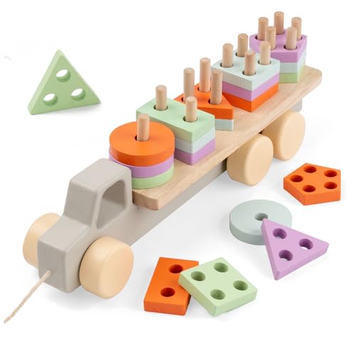 FMSKS Montessori 1 an, Jeux Educatif Enfant Jouet d'Activité et de Développement 12 Mois et Plus, Jouets en Bois Jouet à Tirer Corde Jeux à Empiler pour Enfants en Bas Âge