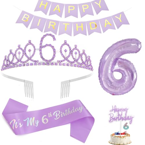 6th Birthday Decorations for Girls - Including Sash, Tiara, Candles, Banner, Cake Toppers & 32in Digital Balloons