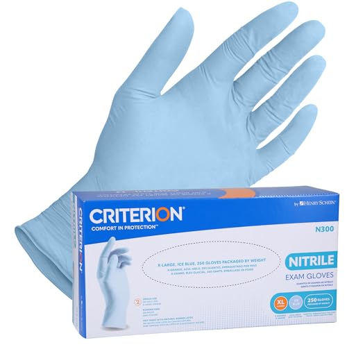Henry Schein Criterion N300 Nitrile Exam Gloves, X-Large, Ice Blue – Case of 10 Boxes (250/Box, 2,500 Total) – Chemo Tested, Latex-Free, Chlorinated, 2.76 Mil, Non-Sterile