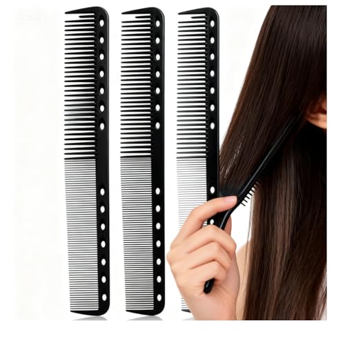 CKONXE 3 Pack Black Professional Carbon Fibre Hair Cutting Combs, 18 cm, for Hair Stylist Heat Resistant Carbon Fiber Salon Hairdressing Comb - Fine Cutting Comb for Men & Women
