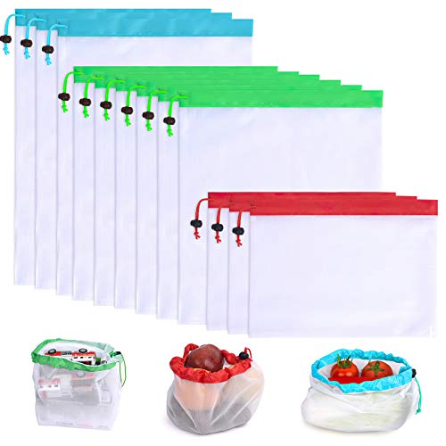 QUANHAO Bolsas de Red Reutilizables, Bolsas para Verduras Ecológicas, Bolsas de Almacenamiento de Frutas y Verduras para Compras y Almacenamiento (12 piezas)