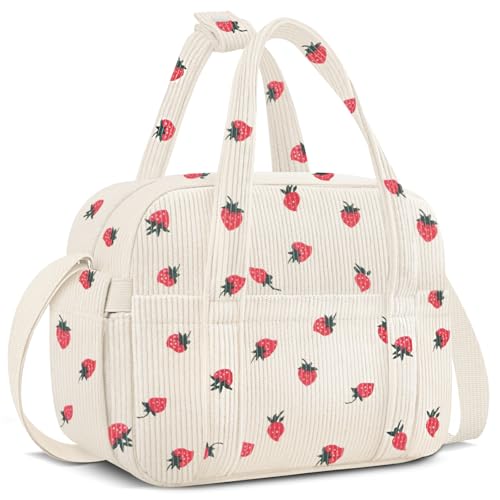 KUBYA Lonchera para mujeres, adultos y hombres, bonita bolsa de almuerzo aislada, reutilizable, a prueba de fugas, cajas de almuerzo simples de pana suave, bolsa de almuerzo grande, con correa para el