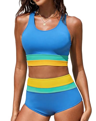 Image of Women's High Waisted Bikini Sets Two Piece Swimsuit Color Block Sporty Athletic Moderate Coverage Bathing Suits