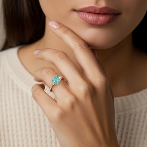 14k White or Yellow Gold 3 Ct Cushion Lab Grown Paraiba Tourmaline & Trillion Diamond 3-Stone Ring, October Birthstone, Engagement, Anniversary, Wedding, Birthday Gift for Women w/Jewelry Box Sz 4-102