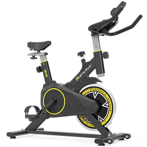 Image of LET'S PLAY SB-100 Spin Bike Exercise Cycle for Home Gym Fitness Workout Cardio Training With 8Kg Flywheel, 35 Adjustable Resistance Levels, Silent Belt Drive, 100Kg Weight Capacity (Black and Yellow Colour)