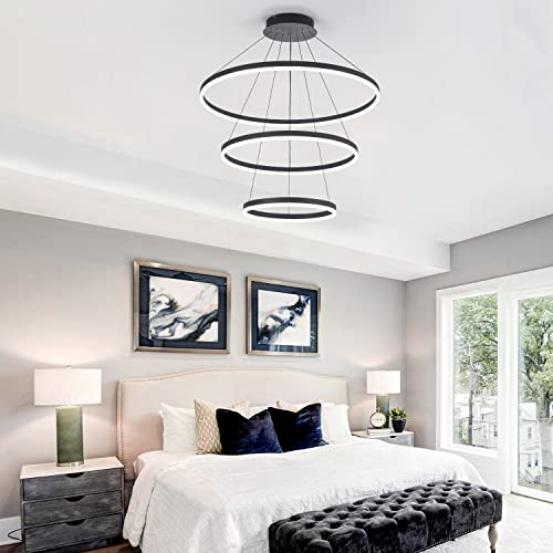 3-Rings D31.5’’ Modern Led Chandelier Black, Dimmable Pendant Lighting With Remote Control Circular Flush Mount High Ceiling Light For Living Dining Room Bedroom Foyer, 3000K-6500K Cct Changing #TOP6