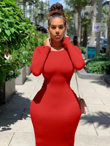 XXTAXN Women's Sexy Bodycon Long Sleeve Round Neck Work Office Midi Pencil Dress2