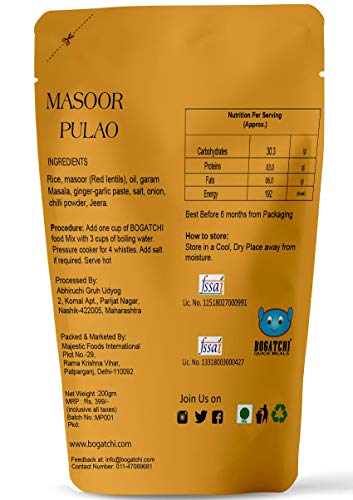 Image of BOGATCHI Quick Meals - Ready to Cook Authentic MASOOR PULAO - 200 g , Ready to Eat Meal and Tasty Instant Meal, 100% Natural Ingredients, No Preservatives, No Artificial Flavours & Colours