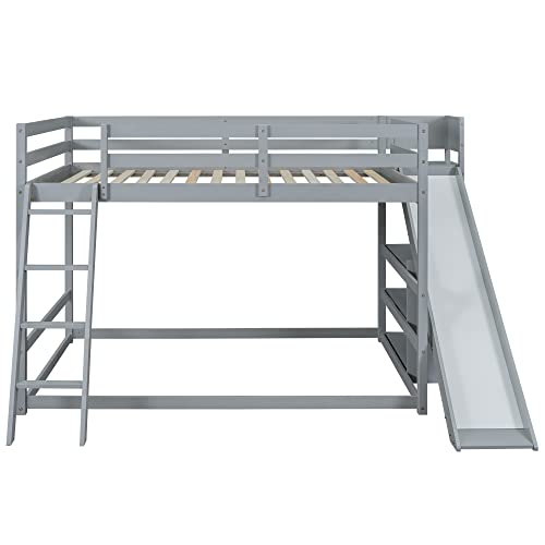 Image of Bellemave Bunk beds Full Over Full Size Slide and Stair, Low bunk Bed for Kids,Grey