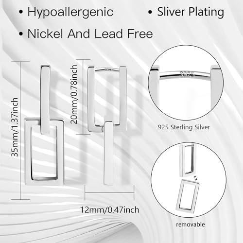 925 Sterling Silver Earrings for Women Trendy Square Hoop Earrings Minimalist Geometric Rectangle Earing, Hypoallergenic Huggie Hoops Fashion Jewelry3
