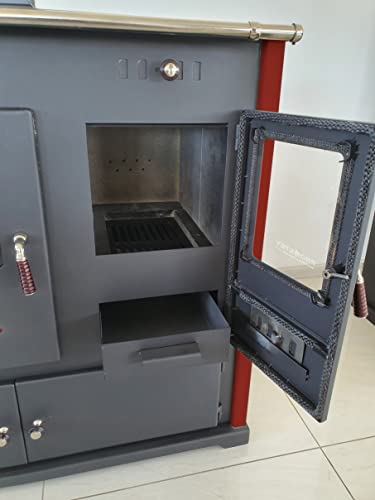 Foto von Kaminofen mit Backfach und Herdplatte Pracktik Lux Rot LINKS Holzofen 9,5 kW Kamin Ofen Dauerbrandofen Werkstattofen Schwedenofen Hüttenofen Heizofen
