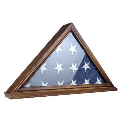 Flag Display Case, Thick Bottom Edge Military Flag Box with High Transparent Glass Front, Solid Wood Wall Mounted Flag Case Shadow Box for 5'x9.5' American Veteran Burial Flag (Walnut Color)
