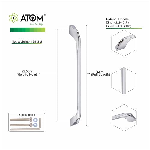 Image of Atom 10 inches Zinc Pull Handle | CPPT Finish | Office Wardrobe Furniture Kitchen Drawer Cabinet Push Bar, 229, Pack of 10