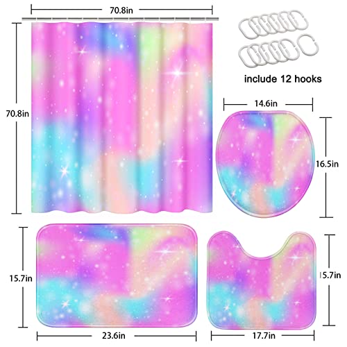 Unicorn Rainbow Bathroom Set With Shower Curtain And Rugs Accessories, Universe Princess Watercolor Shower Curtain Set, Colorful Fantasy Shower Curtain For Bathroom, Abstract Bathroom Decor 4 Pcs #TOP4