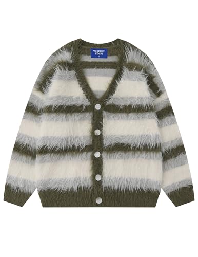 Aelfric Eden Color Blocking Striped Fuzzy Cardigan Casual Crewneck Vintage Oversized Button Down Knit Sweater Green