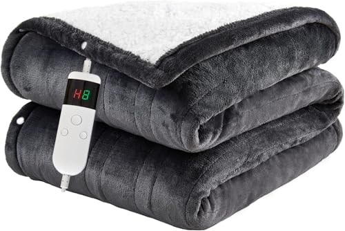 Qieryun Heated Twin 150×200cm Electric Blanket 10 Heating Settings 1-8h Timer overheat Protection Machine Washable Flannel & Sherpa Full Body Warming Electric Throw Blanket for Sofa