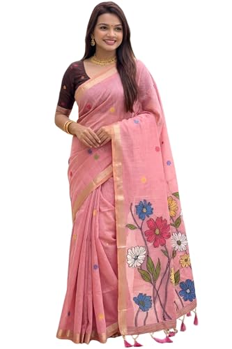 Image of SGF11 Women's Soft Cotton Linen Silk Saree With Blouse Piece
