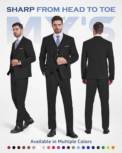 MY'S Men's 3 Piece Slim Fit Suit Set with Tie, 2 Button Blazer Jacket Vest & Pants, Business Wedding Party Prom Suit for Men2