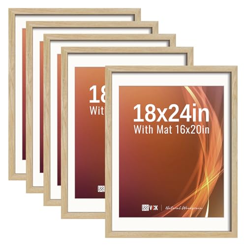 Image of VCK 18x24 Poster Frame 5 Pack, Natural Wood, 16x20 Mat, for Gallery Wall