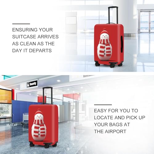 Image of Snowman Luggage Cover - Red Background with Cute Snowman in Striped Scarf, Simple Stretchable Suitcase Cover 24 26 Inch