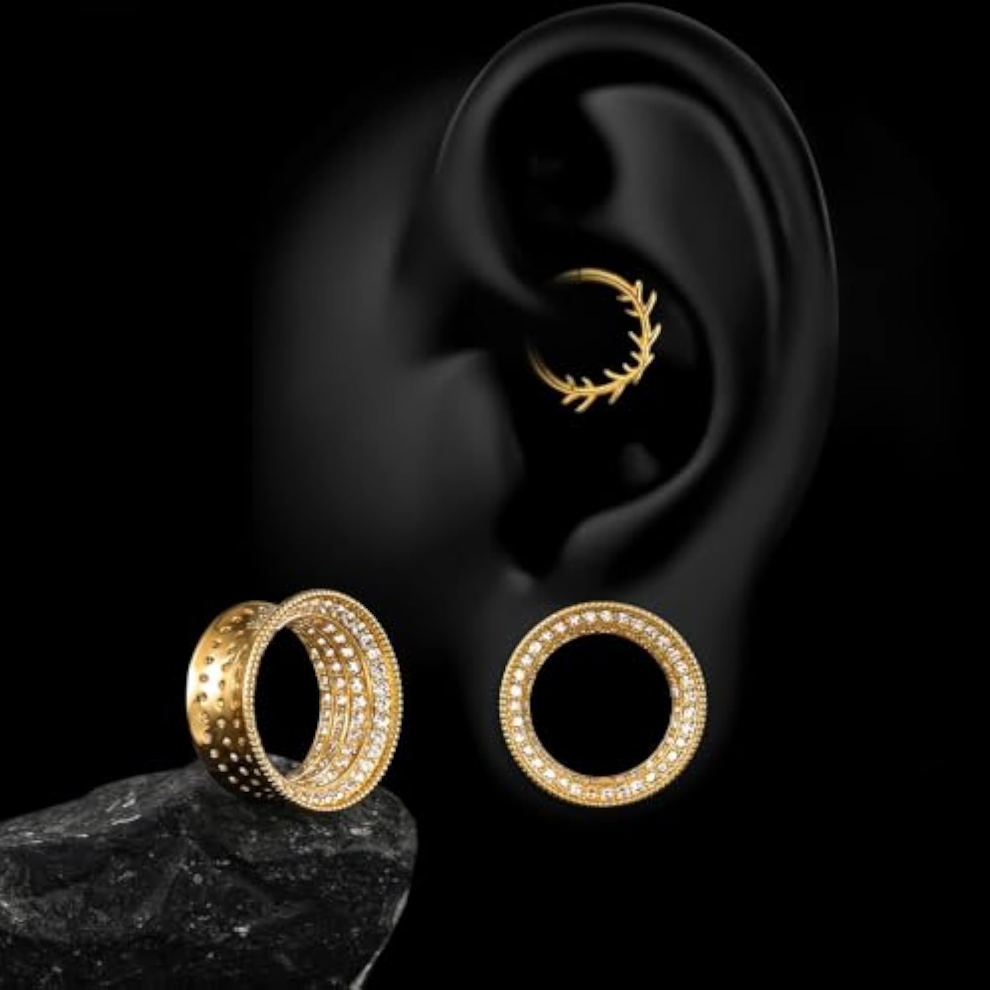 Zirconia Single Flare Ear Tunnels Vintage Brass