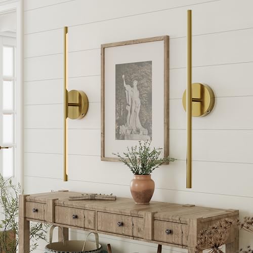 Image of 8000mAh Battery Operated Wall Sconce Set of 2 - 24 Inch, Rechargeable, Dimmable, 3000K-6000K, Remote, Touch Control, Timer, 350 Rotate, LED Wall Lamps for Living Room, Bedroom, Gold