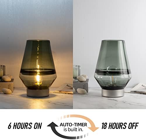 MJ PREMIER Battery Operated Table Lamps, Solid Glass Cordless Table Lamp for Home, Grey Mouth Blown Battery Powered Lamp for Living Room/Bathroom/Entryway
