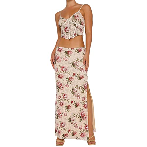 Jupe longue vintage fendue rose et débardeur col en V respirant