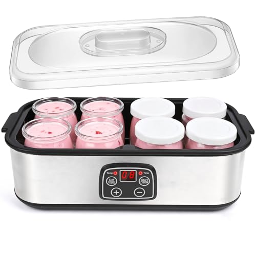 Dreamhigh® Eléctrica Yogurt Maker, con Yogurtera 8 Tarros de Cristal de 180 ml, Máquina de Yogur Griega 1.4 litro Caser, Termostato Ajustable Temporizador de 1-48 Horas y Apagado Automático
