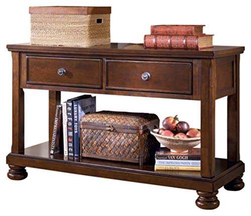 Signature Design by Ashley Porter Traditional Hand-Finished Rectangular Sofa Table with 2 Drawers and Lower Fixed Shelf, Dark Brown