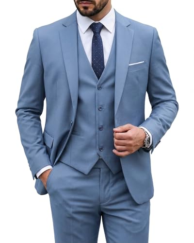 Image of MY'S Men's 3 Piece Suit Set with Tie, One Button Slim Fit Solid Jacket Vest Pants, Prom Party Wedding Business Suits for Men
