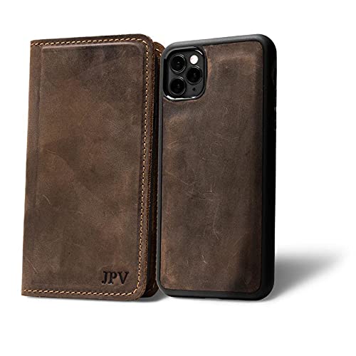 PEGAI Personalized 100% Leather Wallet Case for iPhone 12, with Card Holder, Screen Protector, Handmade, Protective, Magnetic, | McLean Chestnut