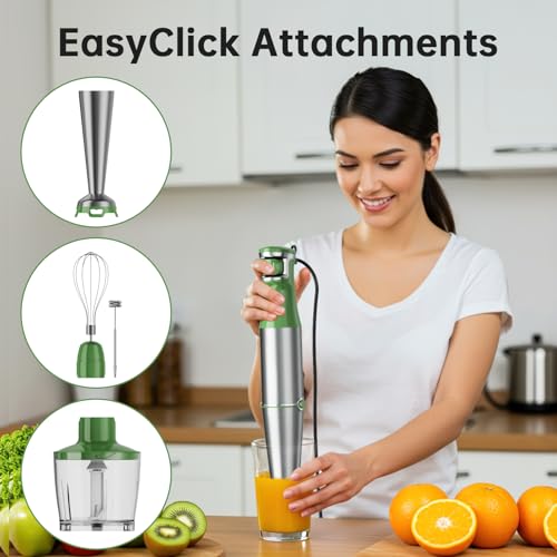 Image of Turelar Immersion Blender Handheld Corded Hand Blenders Set 1100W, Trigger Variable Speed 5 in 1 Stick Emulsifier with Chopper, Whisk and Frother for Soup, Baby Food and Smoothies, Green