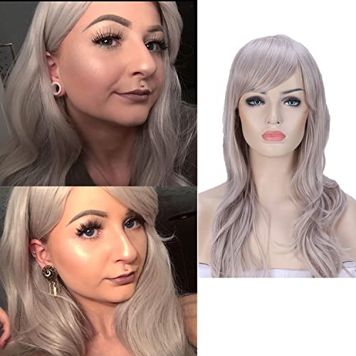 Anime Cosplay Synthetic Full Wig with Bangs for Women Girls 23'' Long Layered Wave Japanese Heat Resistant Fiber 19 Colors (silvery gray)