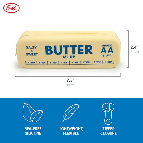 Image of Genuine Fred BUTTER ME UP Silicone Pouch, Soft Flexible Material with Zipper Closure, For desk supplies, makeup, cords, travel essentials, 7.5 x 2 x 2.4 Inch