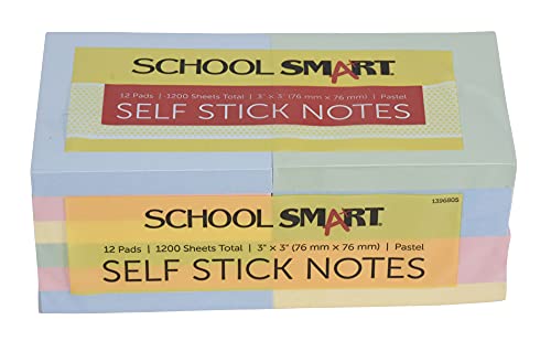 School Smart Self-Stick Note, Assorted Colors, 100 Sheets per Pad, Pack of 12